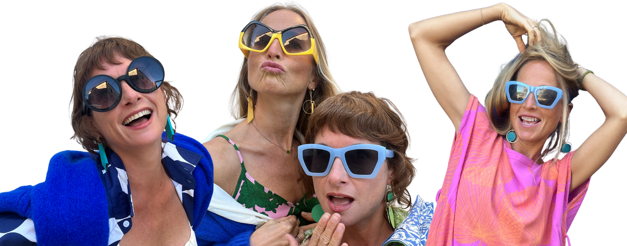 Four people wearing colorful sunglasses and Mad Era Earrings against a white background