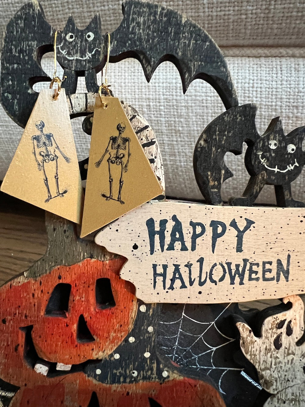 Madera Design Studio - Mustard yellow earring with skeleton pattern dangle earrings. Happy Halloween!