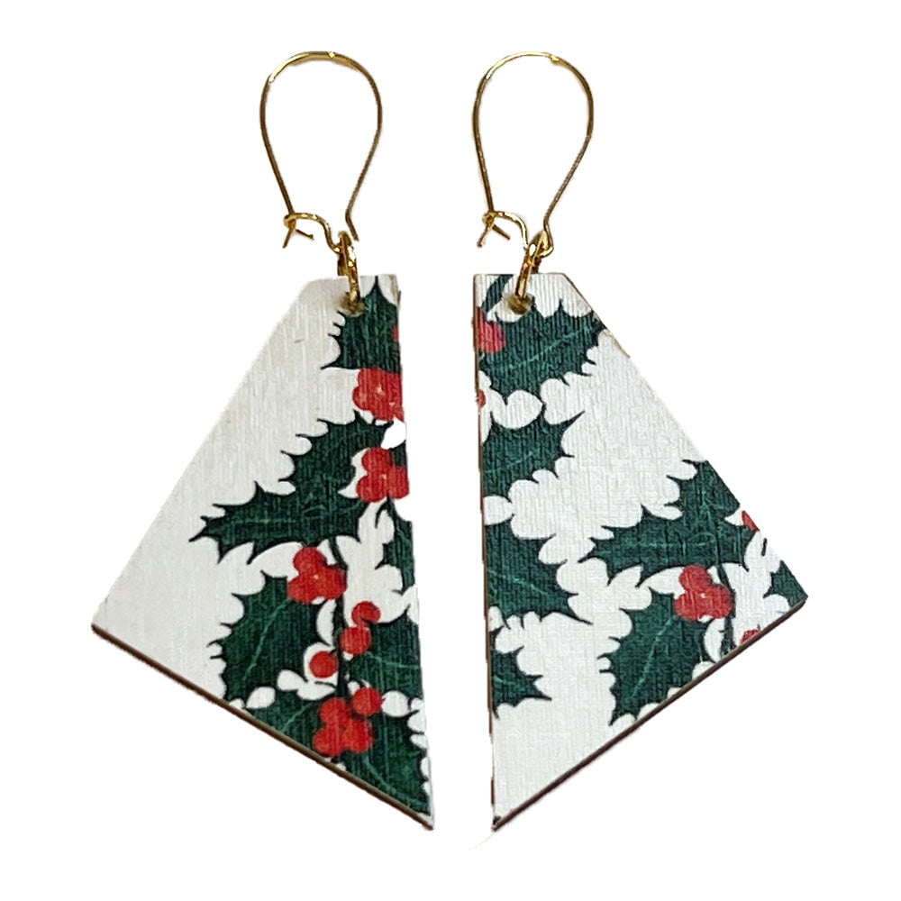 Madera Design Studio -holiday holly pattern wood dangle earrings