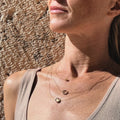 Gold Plated Persona Necklace, handmade, recycled steel. On model. Madera Design Studio collab with Lit Clue