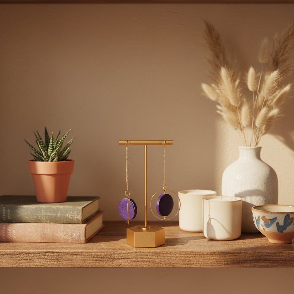hand painted purple threader earrings on a gold stand on a shelf. Made by Mad Era Design Studio