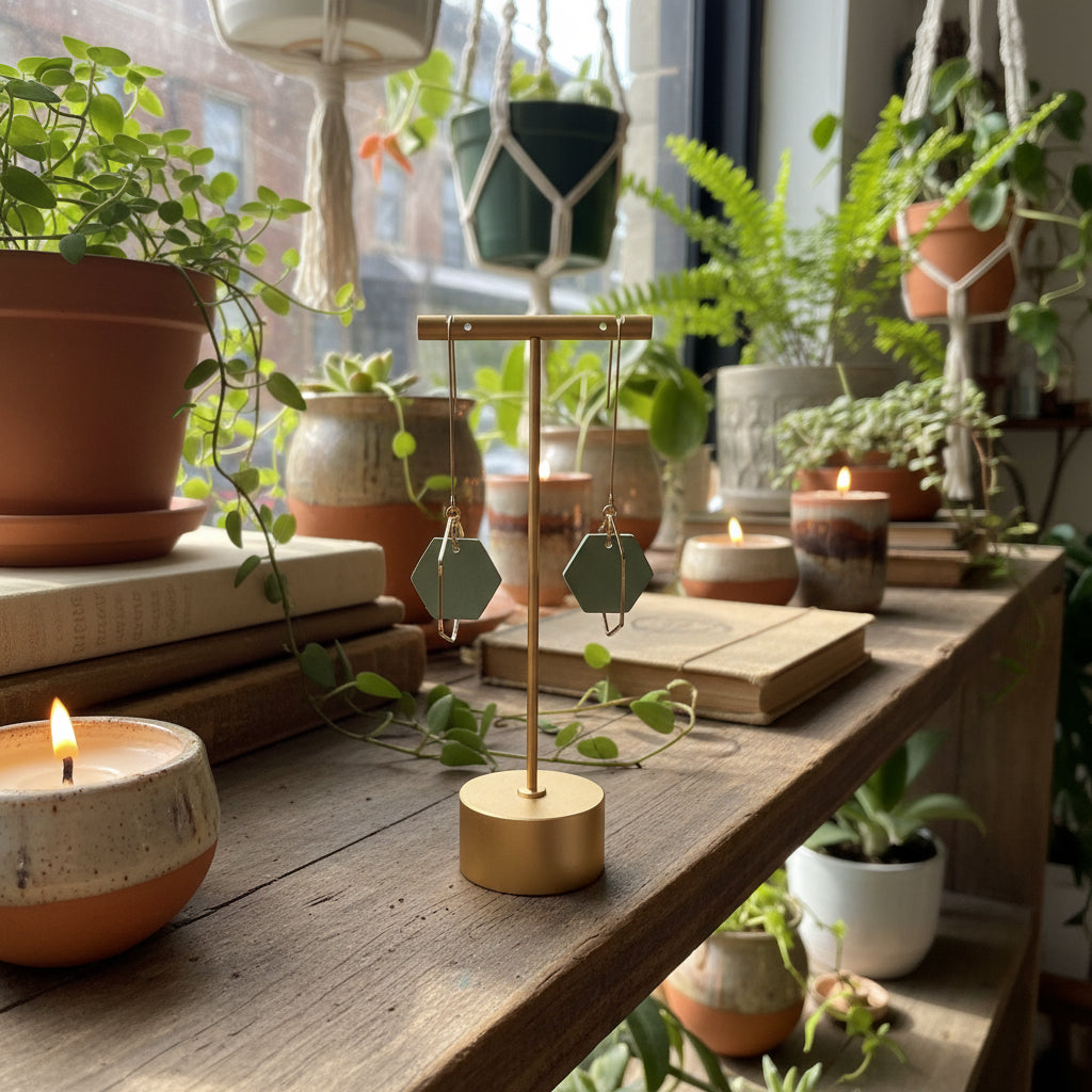 Hand painted sea glass green hexagon wood bead hangs from a rigid gold threader earring - hanging from an earring display. Handcrafted by Madera Design Studio 