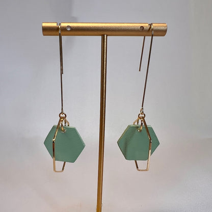 sea glass green hand painted wooden hexagon earrings