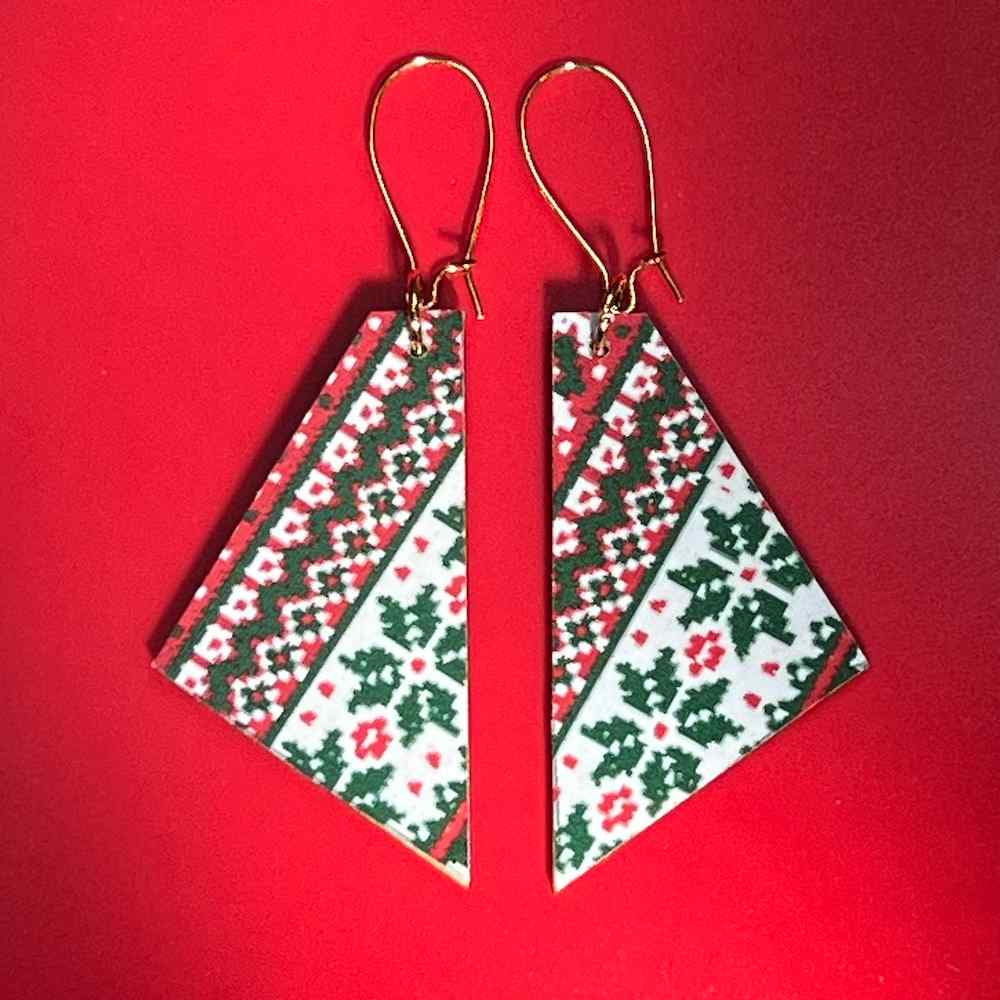 Ugly christmas sweater earrings on red by madera design studio