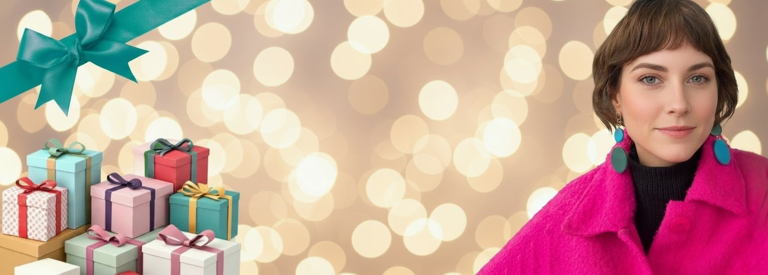 Woman wearing bold earrings and a bright pink jacket with gifts a bow. 