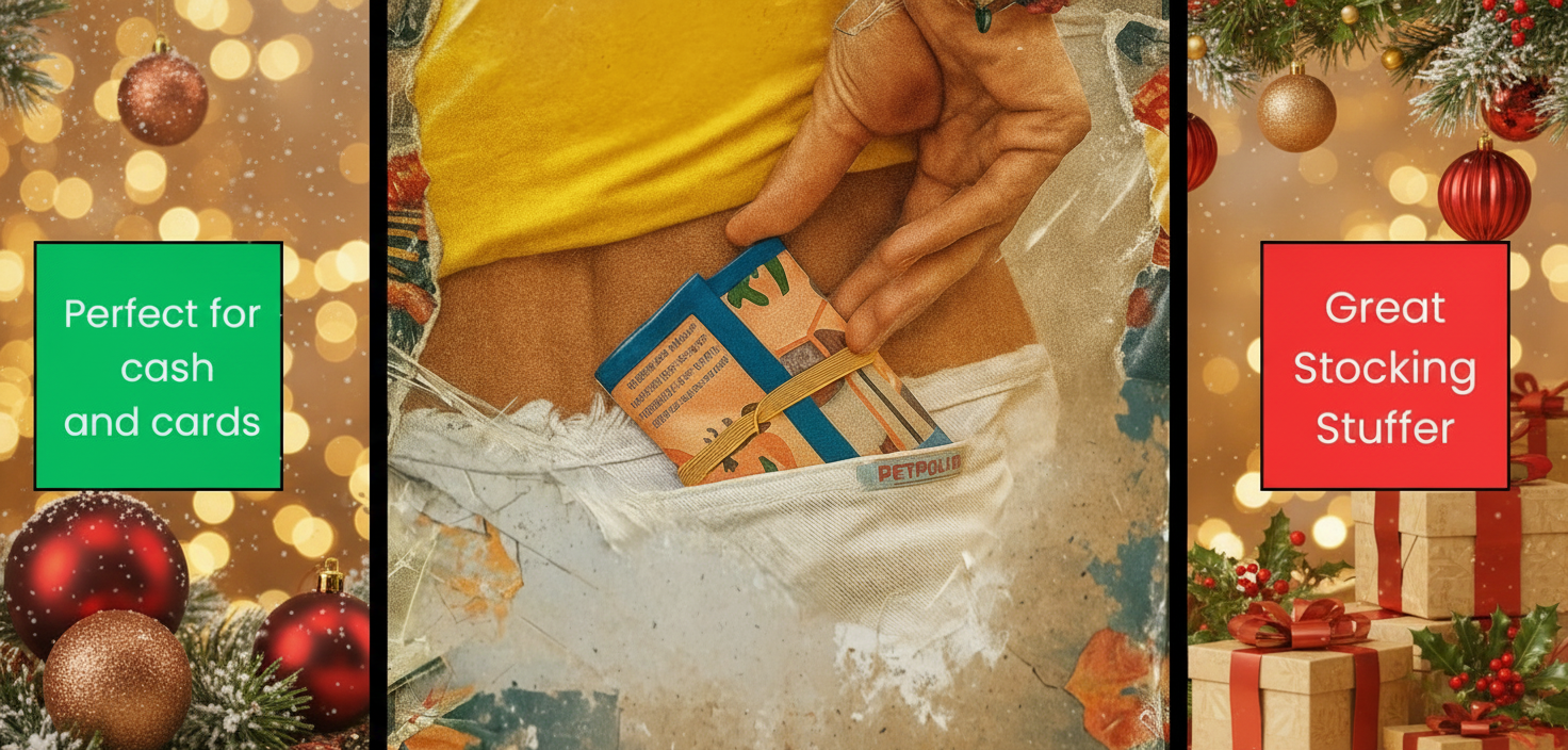 Person holding a box with text 'Perfect for cash and cards' and 'Great Stocking Stuffer' on a colorful abstract background.