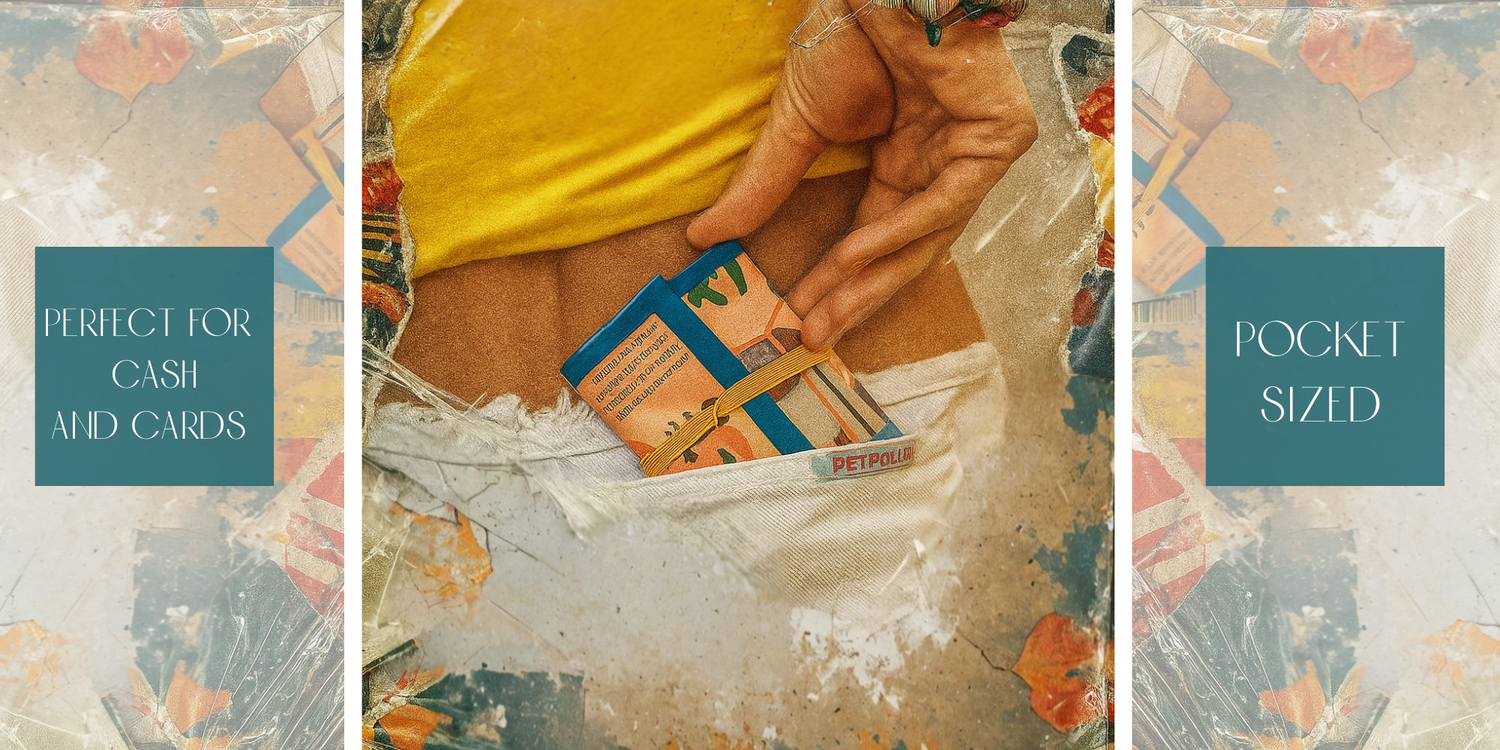 Person holding a small blue and brown wallet with text 'Perfect for cash and cards' and 'Pocket sized' on a textured background.