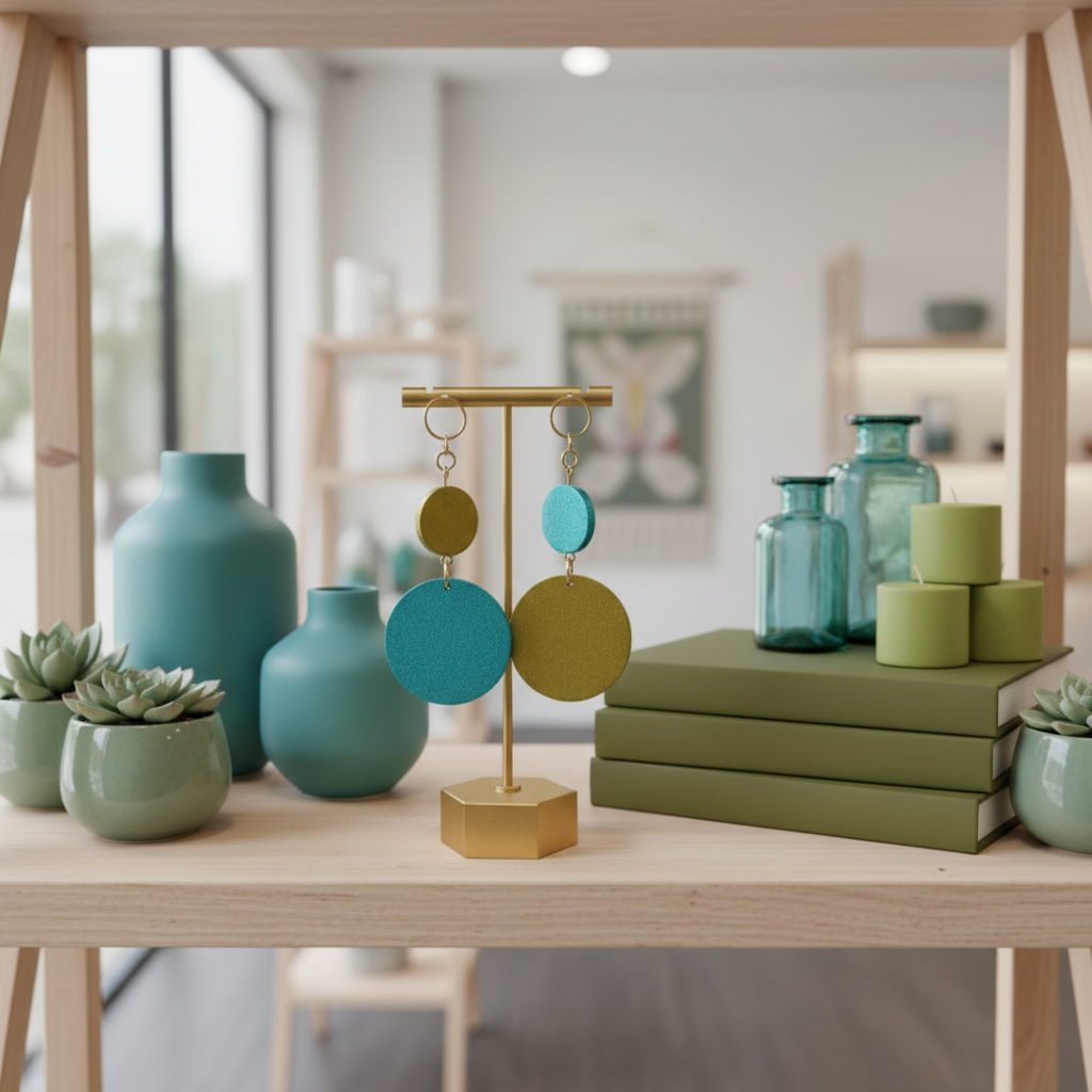 Earrings on a stand. They have a small and large wooden circle. They are hand painted metallic blue and gold by Mad Era Design Studio.