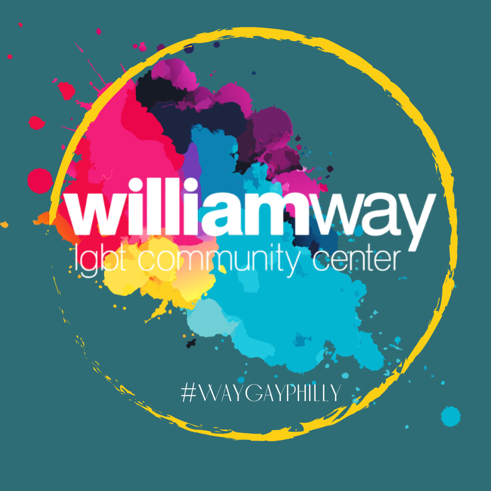 Colorful logo of williamway lgbt community center with splashes of paint on a teal background.

