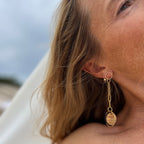 Statement Wooden Jewerly  and gold chain link earrings on a blond model by the beach - Madera Design Studio